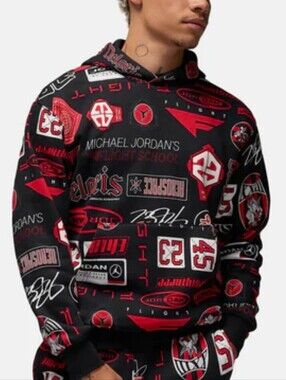 Jordan Essentials Logos Hoodie Black Red White Size XL